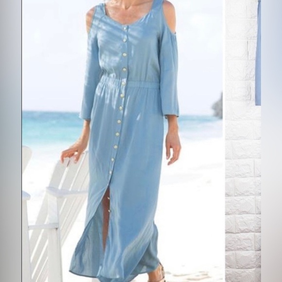 Soft Surroundings bridgette Tencel Cold Shoulder Maxi Dress-Light L - Picture 1 of 8